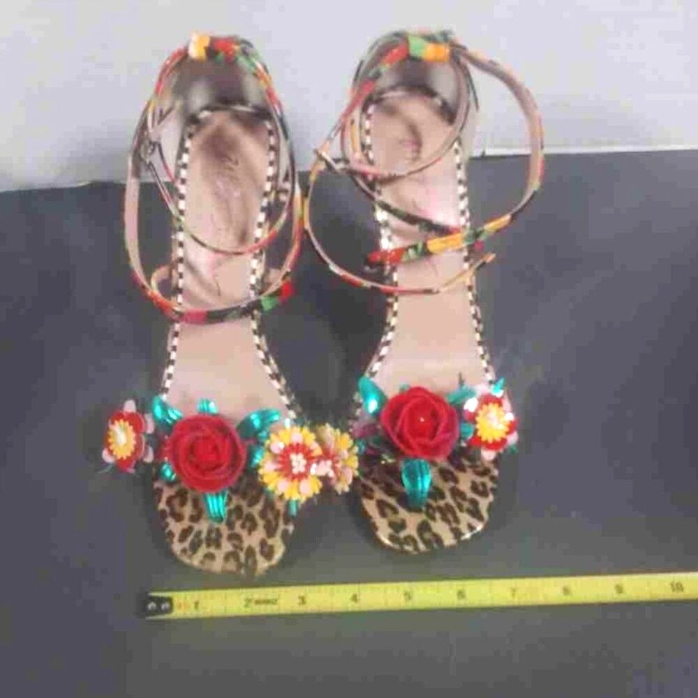 Betsey Johnson Camille Leopard Floral 3D Flower Ankle Strap Sandals Heels Size 9